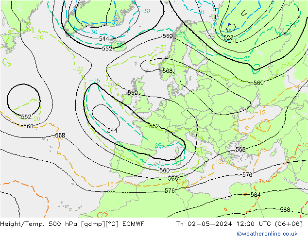 Z500/Rain (+SLP)/Z850 ECMWF Do 02.05.2024 12 UTC