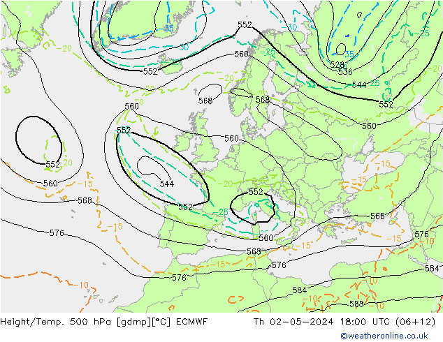 Z500/Rain (+SLP)/Z850 ECMWF czw. 02.05.2024 18 UTC