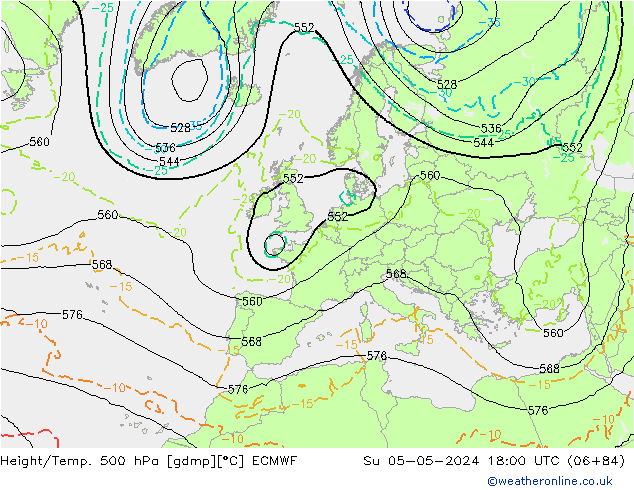 Z500/Rain (+SLP)/Z850 ECMWF Su 05.05.2024 18 UTC