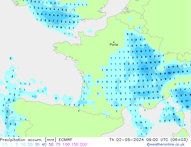 Precipitation accum. ECMWF Th 02.05.2024 09 UTC