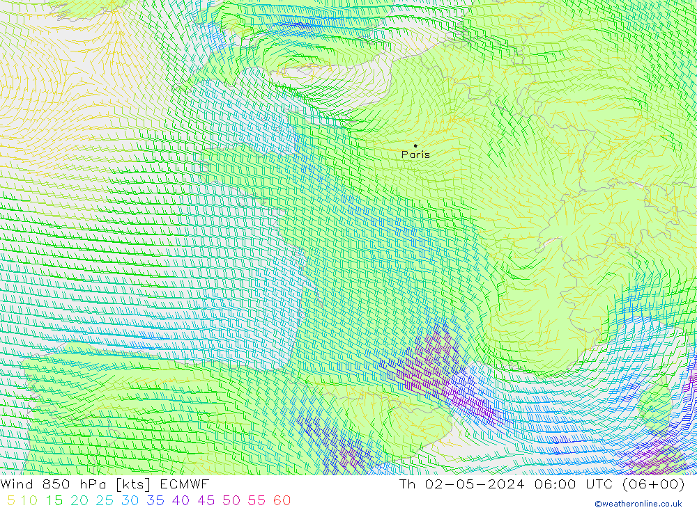 Wind 850 hPa ECMWF Čt 02.05.2024 06 UTC