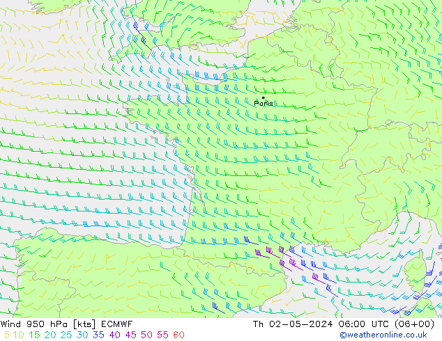 ветер 950 гПа ECMWF чт 02.05.2024 06 UTC