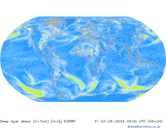 Deep layer shear (0-1km) ECMWF Fr 03.05.2024 06 UTC