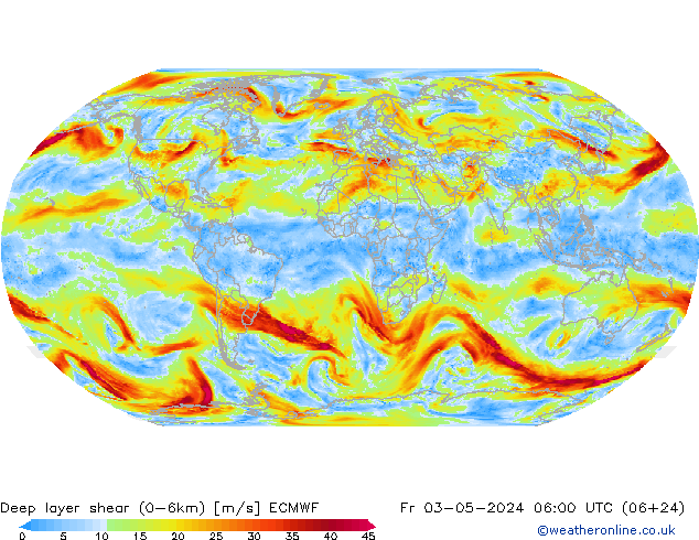 Deep layer shear (0-6km) ECMWF ven 03.05.2024 06 UTC