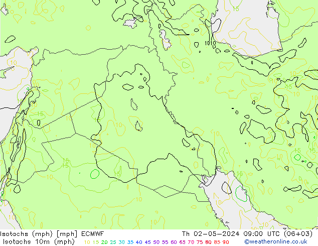 Isotachs (mph) ECMWF Čt 02.05.2024 09 UTC