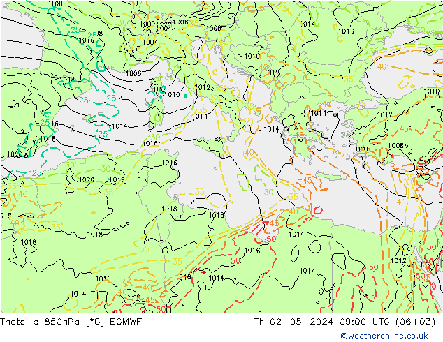 Theta-e 850hPa ECMWF czw. 02.05.2024 09 UTC