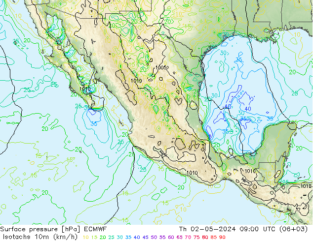 Isotaca (kph) ECMWF jue 02.05.2024 09 UTC