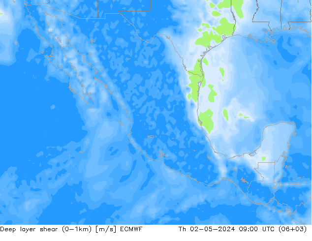 Deep layer shear (0-1km) ECMWF jue 02.05.2024 09 UTC