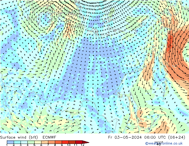 wiatr 10 m (bft) ECMWF pt. 03.05.2024 06 UTC