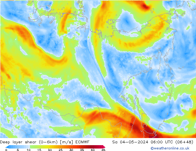 Deep layer shear (0-6km) ECMWF so. 04.05.2024 06 UTC