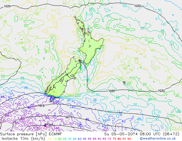 Isotachen (km/h) ECMWF zo 05.05.2024 06 UTC