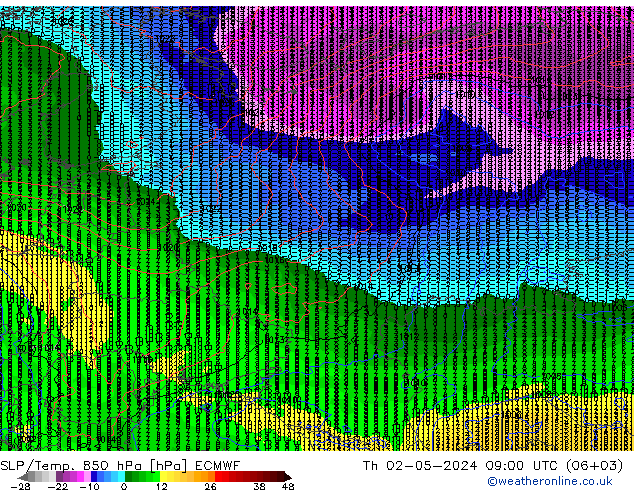 SLP/Temp. 850 hPa ECMWF Th 02.05.2024 09 UTC