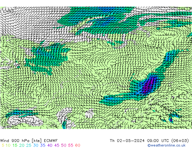 Vent 900 hPa ECMWF jeu 02.05.2024 09 UTC