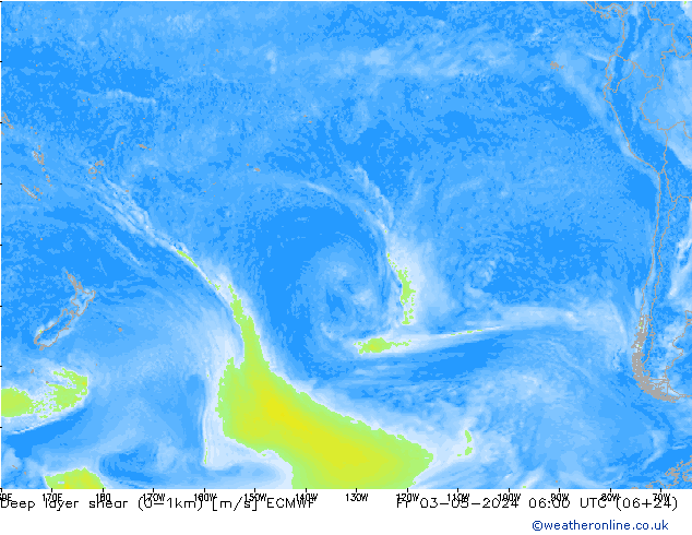 Deep layer shear (0-1km) ECMWF vie 03.05.2024 06 UTC