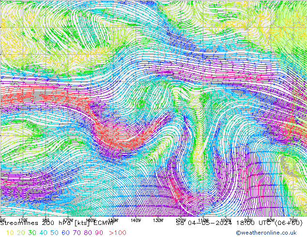 Linia prądu 200 hPa ECMWF so. 04.05.2024 18 UTC
