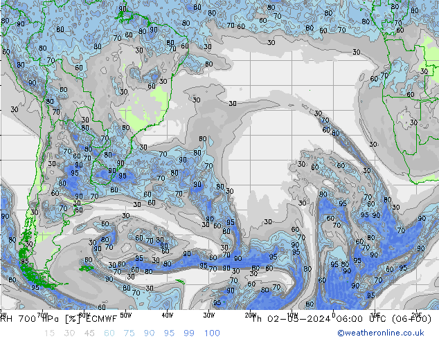 Humidité rel. 700 hPa ECMWF jeu 02.05.2024 06 UTC