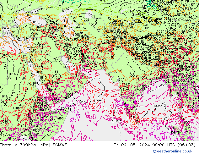 Theta-e 700hPa ECMWF Th 02.05.2024 09 UTC