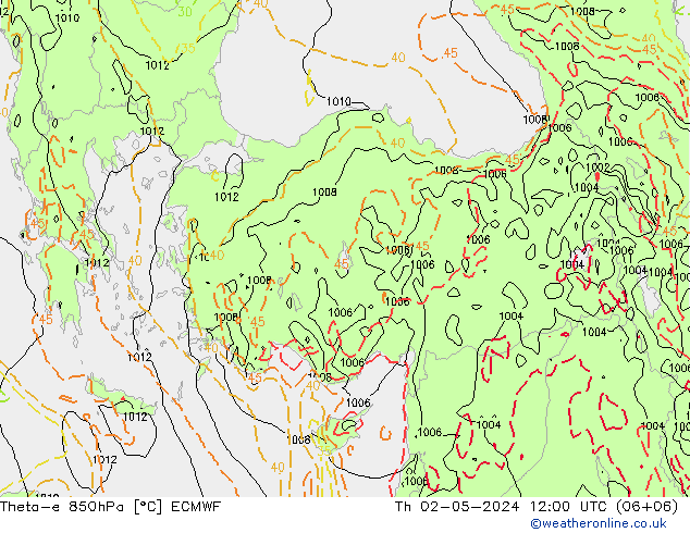 Theta-e 850hPa ECMWF Th 02.05.2024 12 UTC