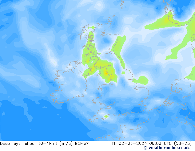 Deep layer shear (0-1km) ECMWF Čt 02.05.2024 09 UTC