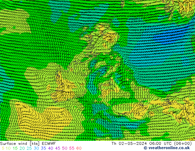 Vento 10 m ECMWF Qui 02.05.2024 06 UTC