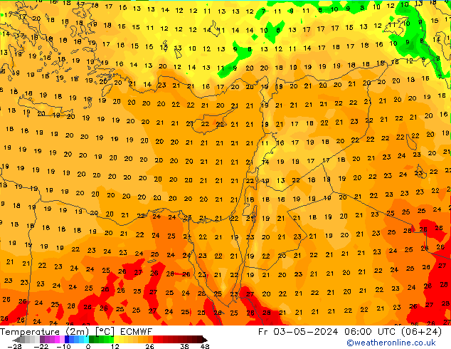 Temperatuurkaart (2m) ECMWF vr 03.05.2024 06 UTC