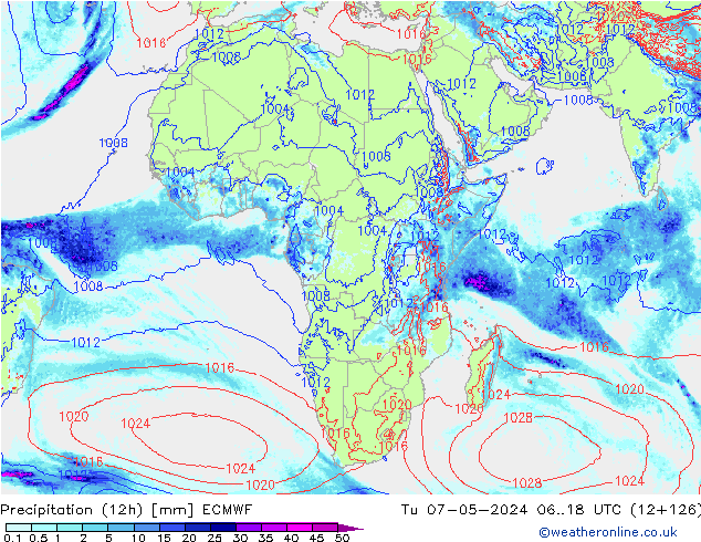 Precipitation (12h) ECMWF Út 07.05.2024 18 UTC