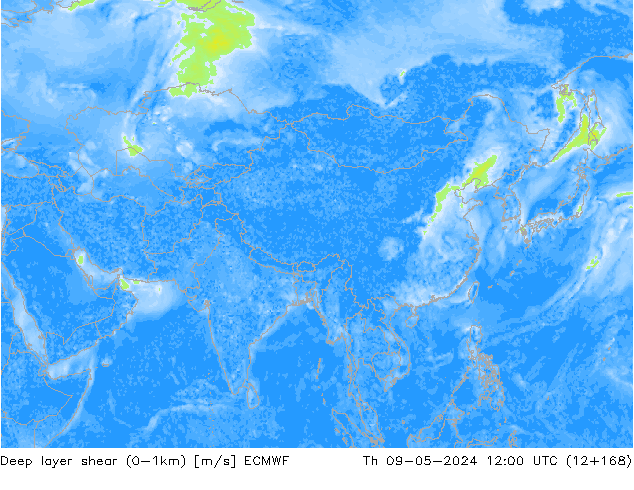 Deep layer shear (0-1km) ECMWF Th 09.05.2024 12 UTC