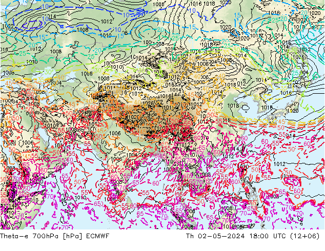 Theta-e 700hPa ECMWF Th 02.05.2024 18 UTC