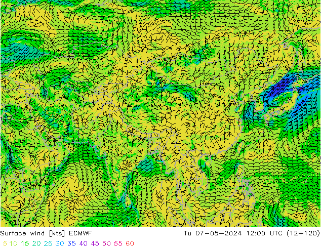 Surface wind ECMWF Út 07.05.2024 12 UTC