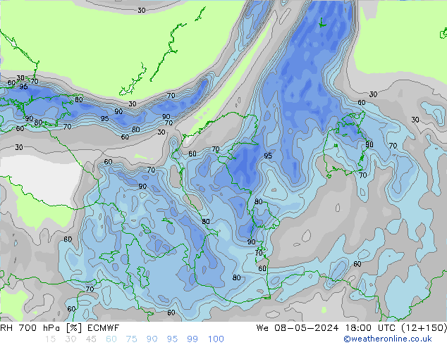 Humidité rel. 700 hPa ECMWF mer 08.05.2024 18 UTC