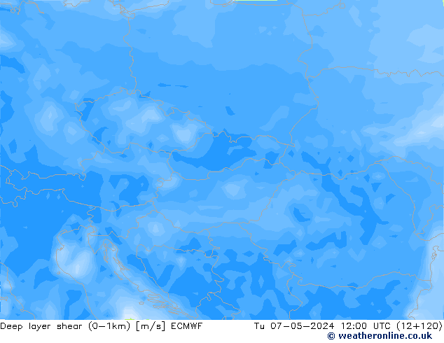 Deep layer shear (0-1km) ECMWF Tu 07.05.2024 12 UTC
