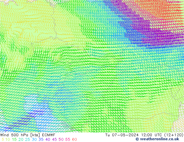 Wind 500 hPa ECMWF Tu 07.05.2024 12 UTC