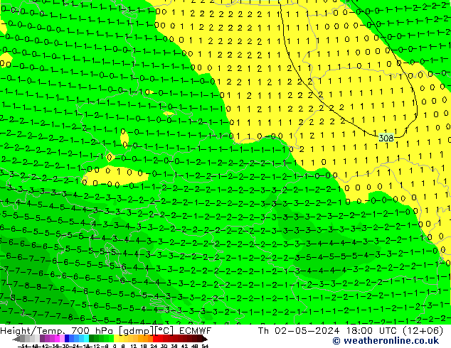 Height/Temp. 700 hPa ECMWF Čt 02.05.2024 18 UTC