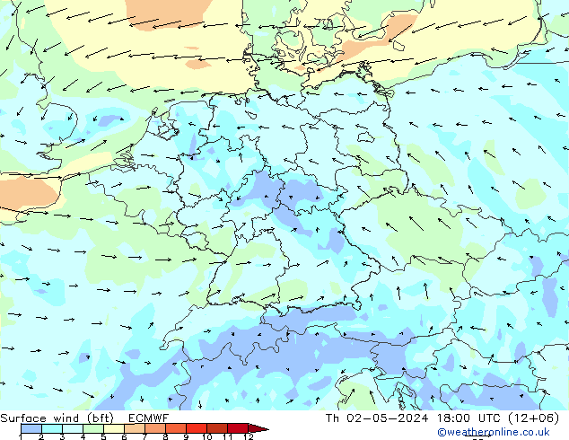 Surface wind (bft) ECMWF Th 02.05.2024 18 UTC