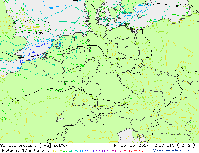 Isotachen (km/h) ECMWF vr 03.05.2024 12 UTC