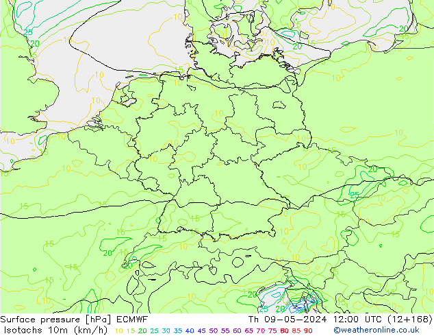 Izotacha (km/godz) ECMWF czw. 09.05.2024 12 UTC