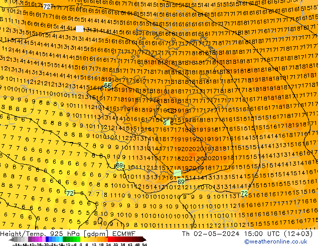 Height/Temp. 925 hPa ECMWF 星期四 02.05.2024 15 UTC