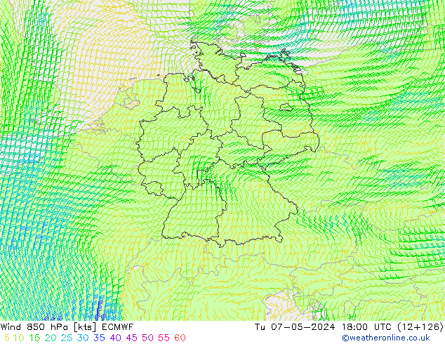 Wind 850 hPa ECMWF Út 07.05.2024 18 UTC