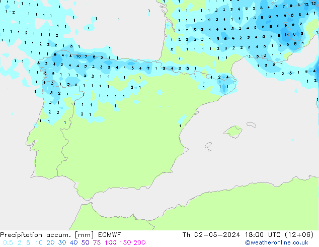 Precipitation accum. ECMWF Čt 02.05.2024 18 UTC