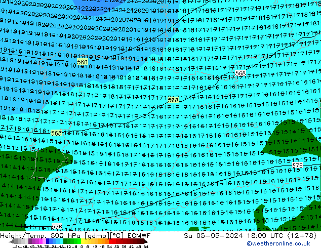Z500/Yağmur (+YB)/Z850 ECMWF Paz 05.05.2024 18 UTC