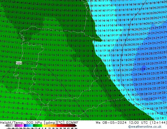 Z500/Rain (+SLP)/Z850 ECMWF Mi 08.05.2024 12 UTC