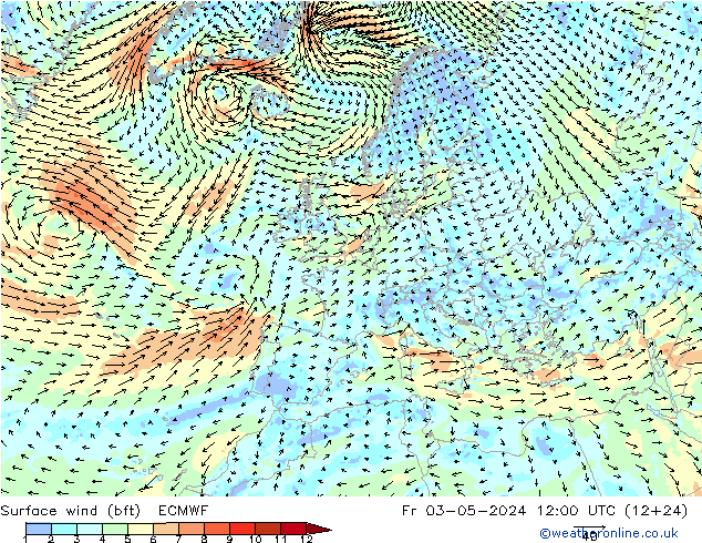 Bodenwind (bft) ECMWF Fr 03.05.2024 12 UTC