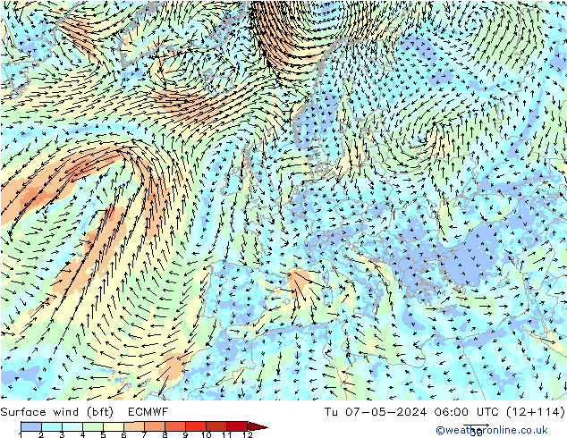 Bodenwind (bft) ECMWF Di 07.05.2024 06 UTC