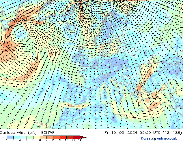 Surface wind (bft) ECMWF Fr 10.05.2024 06 UTC