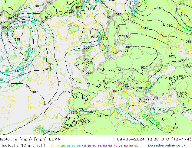 Isotachs (mph) ECMWF Čt 09.05.2024 18 UTC