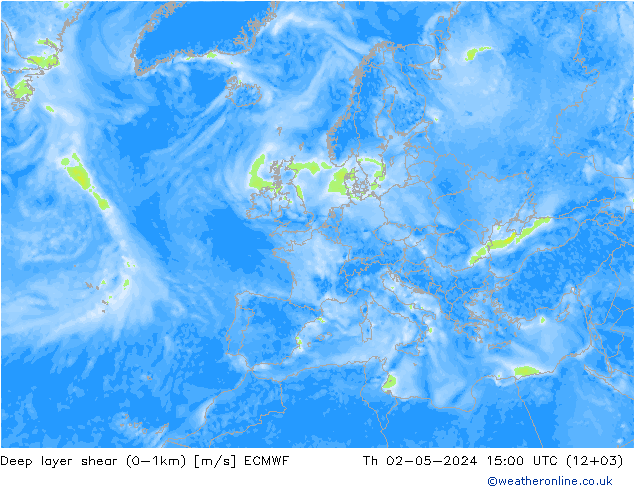 Deep layer shear (0-1km) ECMWF чт 02.05.2024 15 UTC