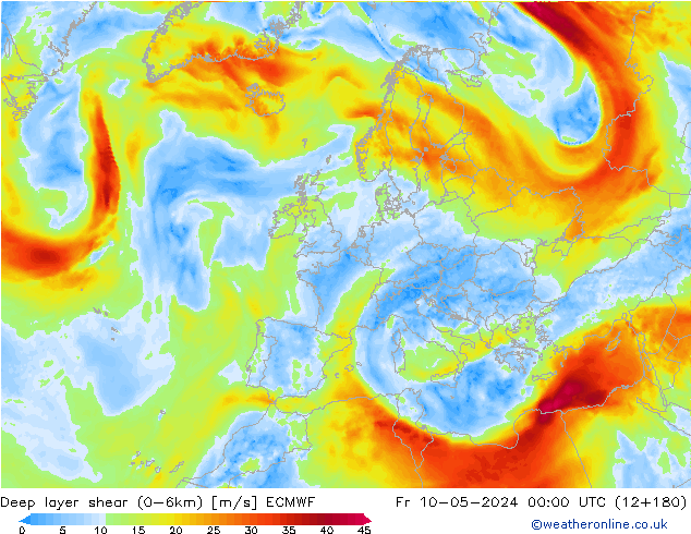 Deep layer shear (0-6km) ECMWF Fr 10.05.2024 00 UTC