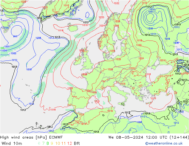 High wind areas ECMWF Qua 08.05.2024 12 UTC