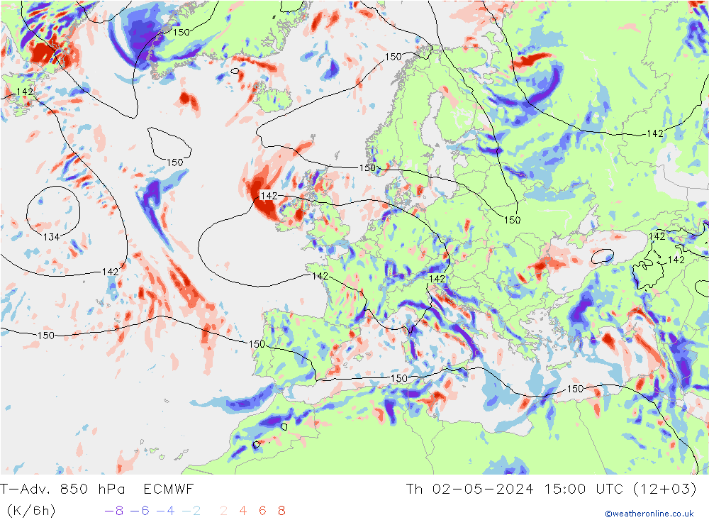 T-Adv. 850 hPa ECMWF czw. 02.05.2024 15 UTC