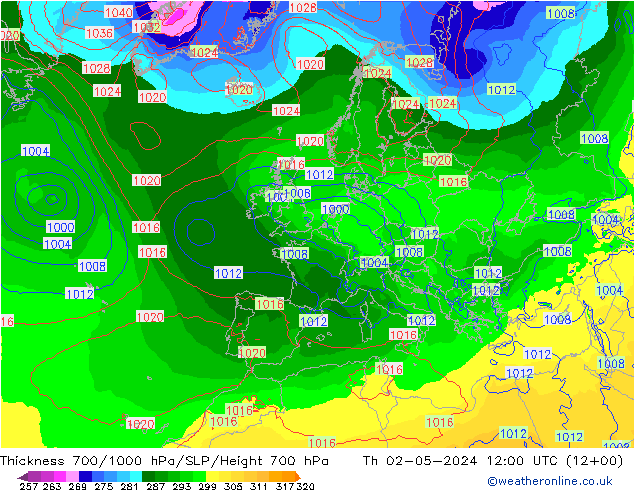 Thck 700-1000 hPa ECMWF Th 02.05.2024 12 UTC